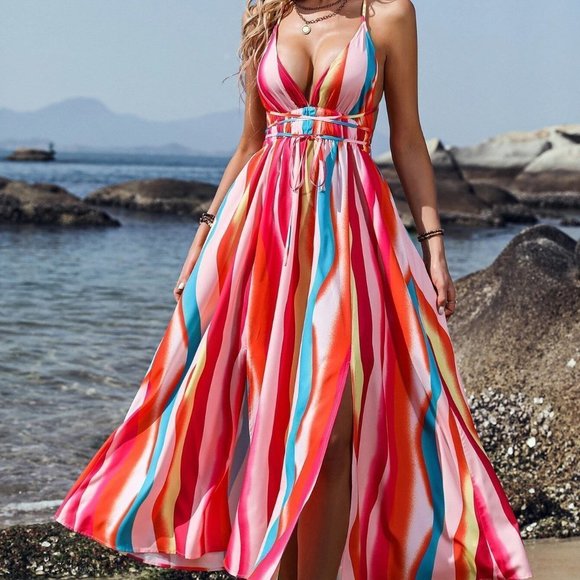 . Dresses & Skirts - Multicolor Boho Womens Lace Up Backless Split Thigh Cami Dress